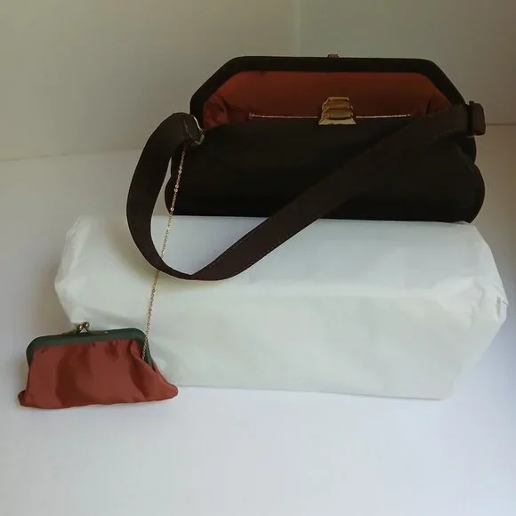 Vintage Brown Grosgrain Gold Art Deco Clasp Handbag with Cute Attached Purse - Picture 2 of 13